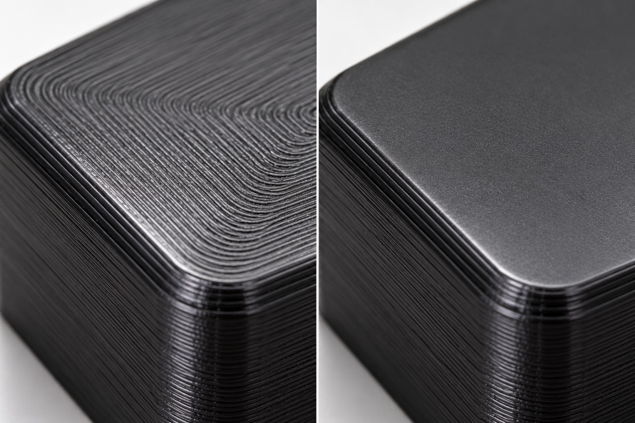 Close up comparison showing the rough layered top surface on the left and the smooth ironed finish on the right