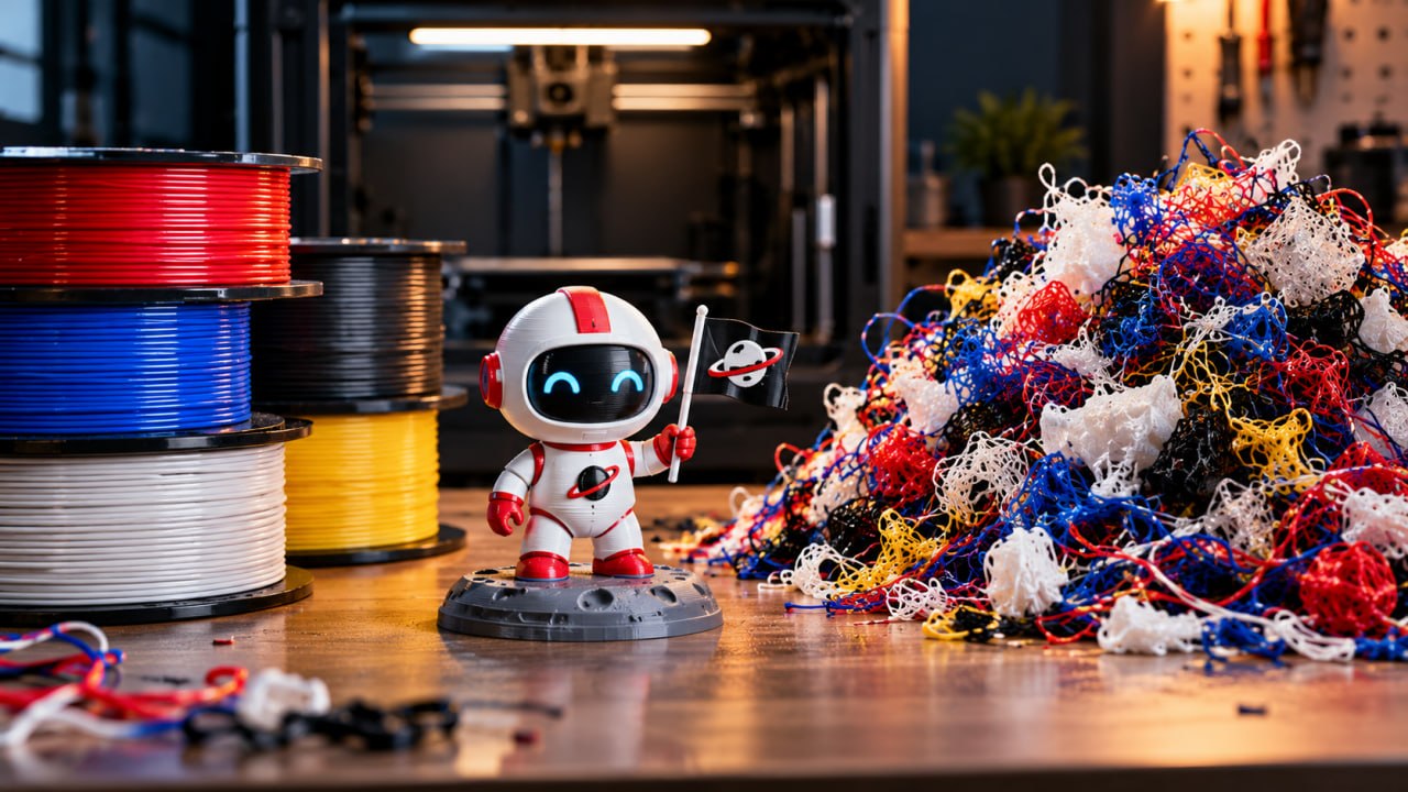A 3D printed astronaut figure holding a flag between a stack of colorful filament spools and a huge pile of multi-color purge waste